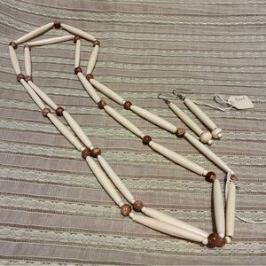 Bone & Fossilized Brown Jade Necklace Earrings Set